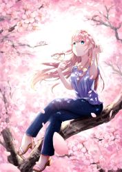 Rule 34 | 1girl, bird, bird on hand, blue eyes, blue pants, blue shirt, cherry blossoms, commentary, dappled sunlight, falling petals, flower, full body, hand in own hair, hand up, high heels, highres, in tree, long hair, looking at viewer, matsuhisa (ryo-tsuda1), megurine luka, pants, petals, pink flower, pink hair, shirt, short sleeves, sitting, sitting in tree, smile, solo, sparrow, sunlight, tree, vocaloid