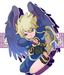 Rule 34 | 1girl, blonde hair, blue dress, blue eyes, breath of fire, breath of fire ii, bridal gauntlets, closed mouth, dress, feathered wings, hair between eyes, long hair, looking at viewer, nina (breath of fire ii), outline, purple wings, sicky (pit-bull), side slit, smile, solo, split mouth, white outline, wings
