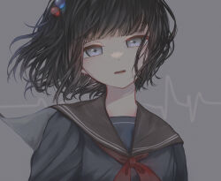 Rule 34 | 1girl, amemori sayo, black hair, black sailor collar, black serafuku, blurry, blurry background, cardiogram, commentary, floating hair, grey background, hair bobbles, hair ornament, head tilt, highres, looking at viewer, multicolored hair bobbles, neckerchief, nijisanji, one side up, open mouth, portrait, red neckerchief, sailor collar, school uniform, serafuku, shade, short hair, simple background, smilebestfriend, symbol-only commentary, virtual youtuber, white eyes, wind, wind lift
