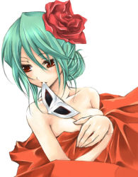 Rule 34 | 1girl, bare shoulders, breasts, cleavage, flower, green hair, minamiyama sora, mouth hold, red eyes, rose, small breasts, solo