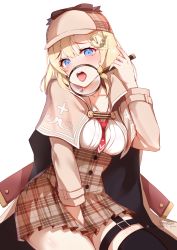 Rule 34 | 1girl, absurdres, blonde hair, blouse, blue eyes, brown capelet, capelet, collared shirt, detective, foxyreine, hat, highres, holding, holding magnifying glass, hololive, hololive english, looking at viewer, magnifying glass, mustache print, open mouth, shirt, signature, simple background, solo, teeth, tongue, tongue out, upper teeth only, virtual youtuber, watson amelia, watson amelia (1st costume), white background, white shirt