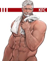Rule 34 | 1boy, abs, bara, beard, body hair, dopey (dopq), facial hair, glasses, highres, kfc, large pectorals, male focus, manly, muscular, nipples, nude, old, old man, original, pectorals, simple background, smile, solo, towel, upper body