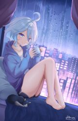 Rule 34 | 1girl, absurdres, ahoge, barefoot, blue eyes, blue hoodie, cat, city, closed mouth, collarbone, cup, curtains, cushion, dolphin shorts, feet, furina (genshin impact), genshin impact, hair between eyes, highres, holding, holding cup, hood, hoodie, ken-pai (kenpai arts), knees up, looking at viewer, mug, multicolored hair, night, night sky, open clothes, rain, shirt, short hair, shorts, sidelocks, sky, solo focus, thighs, toes, two-tone hair, white hair, white shirt, window