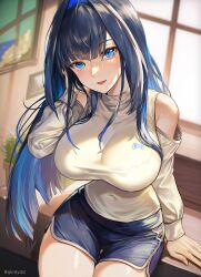 Rule 34 | 1girl, absurdres, bare shoulders, blue eyes, blue hair, blush, breasts, clothing cutout, dolphin shorts, fang, hair intakes, highres, hololive, hololive english, large breasts, long hair, long sleeves, looking at viewer, multicolored hair, official alternate costume, ouro kronii, revision, santafe99, shorts, sidelocks, skin fang, solo, sweater, thigh gap, thighs, turtleneck, turtleneck sweater, twitter username, virtual youtuber