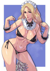Rule 34 | 1girl, absurdres, armband, bikini, black bikini, blonde hair, blue background, blue eyes, breasts, cirenk, collarbone, commission, cowboy shot, duster, feather duster, frilled armband, frills, highres, large breasts, lipstick, long hair, maid, maid headdress, makeup, navel, original, solo, strap pull, swimsuit, two-tone background, white background