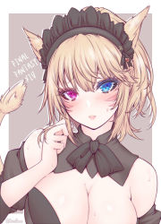 Rule 34 | 1girl, animal ears, warrior of light (ff14), blonde hair, blush, border, breasts, cat ears, cat tail, cleavage, detached collar, final fantasy, final fantasy xiv, heterochromia, highres, large breasts, looking at viewer, maid headdress, miqo&#039;te, open mouth, outside border, short hair, solo, strapless, suzuneko (yume no kyoukai), tail, two-tone background, upper body, white border