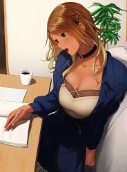 Rule 34 | belt, book, breasts, choker, cleavage, coffee, couch, dark-skinned female, dark skin, earrings, enoshito, hair ornament, hairpin, highres, idolmaster, idolmaster shiny colors, indoors, izumi mei, jacket, jewelry, large breasts, mechanical pencil, multicolored hair, paper, pencil, solo, two-tone hair