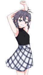 Rule 34 | 1girl, antenna hair, armpits, arms up, bare shoulders, black shirt, blush, breasts, cowboy shot, dot nose, dress, flipped hair, furrowed brow, hair between eyes, hair ornament, hairpin, heart-shaped ornament, highres, holding own arm, idolmaster, idolmaster (classic), idolmaster million live!, idolmaster million live! theater days, kikuchi makoto, looking at viewer, official alternate costume, ohgi910, open mouth, plaid, plaid skirt, shirt, short hair, sidelocks, simple background, skirt, sleeveless, sleeveless dress, small breasts, solo, teeth, thighs, tomboy, very short hair, white background