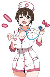 Rule 34 | 1girl, blush, breasts, brown eyes, brown hair, cleavage, clenched hand, collarbone, cowboy shot, dot nose, dr. gero (staedtler 0508), dress, hands up, hat, heart, heart print, highres, holding, holding stethoscope, idolmaster, idolmaster cinderella girls, idolmaster cinderella girls starlight stage, large breasts, long sleeves, looking at viewer, nurse, nurse cap, oikawa shizuku, one eye closed, open mouth, short hair, simple background, smile, solo, standing, stethoscope, white background, white dress