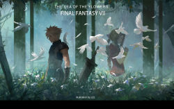 Rule 34 | 1boy, 1girl, absurdres, aerith gainsborough, armor, bandages, belt, bird, blonde hair, bracelet, braid, brown hair, buster sword, closed eyes, cloud strife, dove, dress, falling feathers, feathers, final fantasy, final fantasy vii, final fantasy vii remake, flower, forest, gloves, highres, jacket, jewelry, lily (flower), nature, own hands clasped, pink dress, praying, red jacket, ribbon, shoulder armor, sleeping forest, spiked hair, square enix, suspenders, tree, uniform, wavy hair, white flower, zzz (orchid-dale)