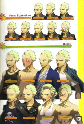 Rule 34 | 1boy, angry, atlus, bare shoulders, black eyes, blonde hair, blood, blush, bullet, coat, costume chart, crossdressing, curly hair, dark persona, dress, dual persona, ear piercing, embarrassed, fur coat, glasses, happy, highres, jacket, jacket on shoulders, japanese clothes, jewelry, jolly roger, kimono, looking at viewer, looking away, male focus, muscular, necklace, nosebleed, official art, persona, persona 4, piercing, scar, serious, shadow (persona), shirt, short hair, skull, sleeveless, sleeveless shirt, smile, soejima shigenori, solo, sunglasses, t-shirt, tatsumi kanji, widow&#039;s peak, yellow eyes
