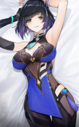 Rule 34 | 1girl, absurdres, armpits, arms up, asymmetrical gloves, bare shoulders, bed sheet, black gloves, black hair, blunt bangs, breasts, cleavage, commentary, cowboy shot, earrings, elbow gloves, fingerless gloves, genera-x, genshin impact, gloves, green eyes, grin, highres, jewelry, large breasts, looking at viewer, lying, mismatched gloves, mole, mole on breast, multicolored hair, on back, parted lips, purple hair, short hair, sleeveless, smile, solo, white gloves, yelan (genshin impact)