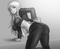 Rule 34 | 1girl, all fours, ass, breasts, crop top, freeze-ex, from behind, greyscale, hand on own hip, jacket, large breasts, long hair, looking at viewer, monochrome, original, parted lips, solo