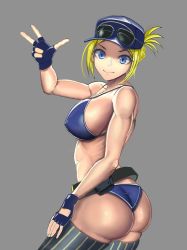 Rule 34 | 1girl, ass, bare arms, bare shoulders, baseball cap, belt, bikini, black thighhighs, blonde hair, blue bikini, blue eyes, blue gloves, breasts, covered erect nipples, curvy, eyewear on head, final fight, final fight tough, fingerless gloves, gloves, grey background, hair pulled back, hand on thigh, hat, highres, huge ass, large breasts, looking at viewer, looking back, loose belt, lucia morgan, ribs, rokuba, sideboob, smile, solo, spaghetti strap, strap gap, street fighter, street fighter v, striped clothes, striped thighhighs, sunglasses, swimsuit, thick thighs, thighhighs, thighs, toned, updo, v, vertical-striped clothes, vertical-striped thighhighs, wide hips