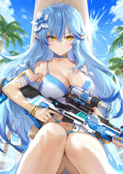 Rule 34 | 1girl, bikini, blue bikini, blue hair, blue sky, blush, bracelet, breasts, chinese commentary, cleavage, closed mouth, cloud, commentary request, day, elf, flower, gun, hair between eyes, hair flower, hair ornament, half updo, haoni, highres, holding, holding gun, holding weapon, hololive, jewelry, large breasts, long hair, multicolored hair, outdoors, palm tree, pointy ears, rifle, sideways glance, sitting, sky, sniper rifle, solo, streaked hair, swimsuit, tree, very long hair, virtual youtuber, weapon, white footwear, yellow eyes, yukihana lamy