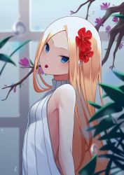 Rule 34 | 1girl, abigail williams (fate), absurdres, bare shoulders, blonde hair, blue eyes, blush, breasts, cherry, fate/grand order, fate (series), flower, food, forehead, fruit, hair flower, hair ornament, highres, long hair, looking at viewer, mouth hold, parted bangs, pillow (blackpirou), small breasts, solo