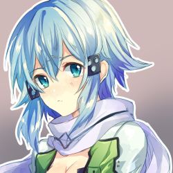 Rule 34 | 1girl, blue eyes, blue hair, breasts, cleavage, closed mouth, green jacket, hair between eyes, hair ornament, hairclip, hozumi rino, jacket, looking at viewer, medium hair, outline, scarf, sidelocks, sinon, solo, sword art online, upper body, white outline, white scarf