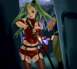 Rule 34 | 1boy, 1girl, blue eyes, breasts, commentary request, final fantasy, final fantasy vi, fingerless gloves, gloves, green hair, jewelry, katana, long hair, looking at viewer, ponytail, star (symbol), sword, tina branford, weapon, yuccoshi