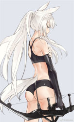 Rule 34 | 1girl, animal ears, arknights, ass, bare shoulders, black gloves, bow, bow (weapon), elbow gloves, gloves, highres, holding, holding bow (weapon), holding weapon, horse ears, horse girl, horse tail, kisetsu, long hair, looking at viewer, looking back, platinum (arknights), ponytail, shorts, simple background, solo, tail, vest, weapon, white background, yellow eyes
