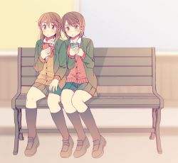 Rule 34 | 2girls, bench, black socks, blurry, blurry background, blush, brown hair, cardigan, cellphone, commentary, hachiko (hati12), hand on own thigh, kneehighs, long hair, looking at phone, multiple girls, original, parted lips, phone, red sweater, ribbon, school uniform, shoes, short hair, sitting, skirt, smartphone, socks, sweater, yellow sweater