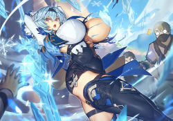 Rule 34 | 1girl, belt, black gloves, black hairband, black leotard, black thighhighs, blue cape, blue hair, blue sky, blush, breasts, cape, convenient censoring, crystal sword, eula (genshin impact), genshin impact, gloves, hair ornament, hairband, ice, large breasts, leotard, long sleeves, looking at viewer, medium hair, melon22, necktie, one breast out, open mouth, purple eyes, shirt, sidelocks, sky, solo focus, sword, thighhighs, thighs, torn clothes, torn leotard, underbust, weapon, white shirt