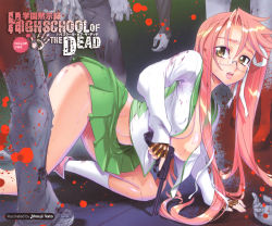 Rule 34 | 1girl, antenna hair, bad end, blood, breasts, cleavage, glasses, gun, handgun, highschool of the dead, large breasts, luger p08, no bra, open clothes, pink hair, pistol, satou shouji, school uniform, solo, takagi saya, torn clothes, twintails, wallpaper, weapon, zombie