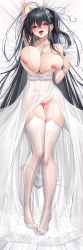Rule 34 | 1girl, absurdres, azur lane, black hair, blush, breasts, breasts out, censored, dakimakura (medium), dress, feet, garter belt, heart, heart-shaped pupils, heart censor, highres, large breasts, long hair, looking at viewer, nipples, no bra, open mouth, panties, unworn panties, pussy, red eyes, see-through, see-through legwear, symbol-shaped pupils, taihou (azur lane), taihou (temptation on the sea breeze) (azur lane), toes, twintails, underwear, white legwear