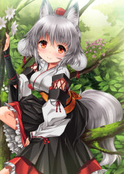 Rule 34 | 1girl, animal ears, blush, cross-laced clothes, detached sleeves, flower, hat, in tree, inubashiri momiji, kei kei, kourindou tengu costume, long hair, looking at viewer, moss, pom pom (clothes), red eyes, ribbon-trimmed sleeves, ribbon trim, short hair, silver hair, sitting, sitting in tree, smile, solo, tail, tokin hat, touhou, tree, wolf ears, wolf tail
