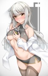 Rule 34 | 1girl, :o, absurdres, blush, breasts, collarbone, cowboy shot, grey shirt, grey thighhighs, groin, hair between eyes, highres, holding, jacket, juice box, large breasts, lomocya, long hair, long sleeves, looking at viewer, microskirt, navel, off-shoulder jacket, off shoulder, original, shirt, silver hair, simple background, skirt, sleeveless, sleeveless shirt, stomach, thighhighs, thighs, underboob, white background, white jacket, yellow eyes