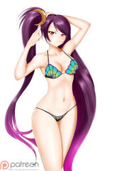 Rule 34 | 1girl, bikini, brave frontier, breasts, cleavage, collarbone, crescent, crescent hair ornament, elza (brave frontier), floating hair, gradient hair, groin, hair ornament, highres, kimmy77, large breasts, long hair, looking at viewer, multicolored bikini, multicolored clothes, multicolored hair, navel, parted bangs, patreon logo, pink hair, purple hair, red eyes, sideboob, simple background, solo, standing, swimsuit, twintails, two-tone hair, tying hair, very long hair, watermark, white background