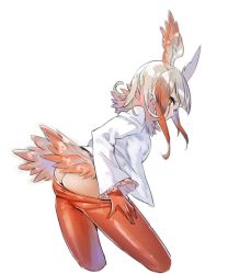 Rule 34 | 10s, 1girl, ass, clothes pull, cropped legs, fur collar, gloves, gradient hair, head wings, japanese crested ibis (kemono friends), kemono friends, leaning forward, long hair, long sleeves, multicolored hair, no panties, pantyhose, pantyhose pull, profile, pulling own clothes, red gloves, red hair, red pantyhose, shirt, sidelocks, silver hair, simple background, solo, tail, two-tone hair, white background, white shirt, wide sleeves, wings