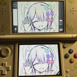Rule 34 | 1girl, bow, chouzetsusaikawa tenshi-chan, closed eyes, commentary, drawing, english commentary, game console, hair bow, highres, human experiment (wwinterdotcom), needy girl overdose, smile, solo, teeth, twintails, upper teeth only