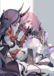 Rule 34 | 2girls, absurdres, applying makeup, armor, breasts, cleavage, detached sleeves, elbow gloves, elysia (honkai impact), elysia (miss pink elf) (honkai impact), faulds, gloves, hair ornament, hands on another&#039;s face, highres, honkai (series), honkai impact 3rd, horns, large breasts, leotard, lipstick, long hair, looking at another, makeup, multiple girls, pink hair, pink lips, pointy ears, purple hair, raiden mei, raiden mei (herrscher of thunder), roena, shoulder armor, thighhighs, yuri