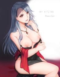 Rule 34 | 1girl, black dress, bracelet, breasts, brown eyes, character name, clothes down, collarbone, dress, grin, highres, jewelry, large breasts, long hair, necklace, niijima sae, nipples, persona, persona 5, red lips, shiny skin, silver hair, sitting, sleeveless, sleeveless dress, smile, solo, swept bangs, twitter username, very long hair, yaoto