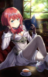 Rule 34 | 10s, ark royal (kancolle), blue eyes, book, breasts, cleavage cutout, clothing cutout, corset, couch, cup, fingerless gloves, flower pot, gloves, hadron9, highres, kantai collection, leg up, long sleeves, looking at viewer, military, military uniform, pantyhose, red hair, ribbon, rigging, short hair, shorts, sideboob, sidelocks, sitting, sitting on object, solo, spoon, table, teacup, teapot, tiara, uniform, white pantyhose