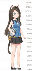 Rule 34 | 1girl, absurdres, aina (mao lian), animal ear fluff, animal ears, bare arms, black bow, black bowtie, blue eyes, blue vest, book, bow, bowtie, brown footwear, brown hair, cat ears, cat tail, closed mouth, collared shirt, full body, height chart, highres, holding, holding book, long hair, mao lian (nekokao), miniskirt, original, pleated skirt, pouch, shirt, shoes, skirt, smile, solo, tail, vest, white shirt, wing collar