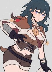 Rule 34 | 1girl, alternate costume, animal costume, animal hood, black gloves, blue eyes, blue hair, blush, brown capelet, brown shorts, byleth (female) (fire emblem), byleth (fire emblem), capelet, christmas, closed mouth, commentary, deer tail, do m kaeru, fake tail, fire emblem, fire emblem: three houses, gloves, grey background, hair between eyes, holding, holding sack, hood, hood down, hooded capelet, long hair, looking at viewer, navel, nintendo, reindeer costume, sack, short shorts, shorts, simple background, solo, symbol-only commentary, tail