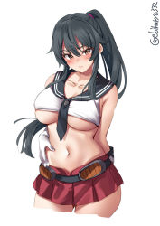 Rule 34 | 1girl, areola slip, between breasts, black hair, black necktie, black sailor collar, blush, breasts, brown eyes, collarbone, cowboy shot, crop top, ebifurya, gloves, hair between eyes, hair ornament, hair scrunchie, hand on own stomach, highres, kantai collection, large breasts, long hair, looking at viewer, navel, necktie, necktie between breasts, pink scrunchie, pleated skirt, ponytail, red skirt, sailor collar, school uniform, scrunchie, serafuku, shirt, simple background, skirt, sleeveless, sleeveless shirt, solo, twitter username, underboob, white background, white gloves, white shirt, yahagi (kancolle)