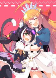 Rule 34 | :d, absurdres, animal ear fluff, animal ears, black dress, black hair, black legwear, blush, cat ears, cat girl, cat tail, closed eyes, commentary request, detached sleeves, dress, fang, frown, gloves, green eyes, hair ribbon, highres, hug, karyl (princess connect!), leaning forward, long hair, low twintails, multicolored hair, one eye closed, open mouth, orange hair, pecorine (princess connect!), princess connect!, puffy short sleeves, puffy sleeves, red ribbon, ribbon, saliva, short dress, short sleeves, skin fang, smile, standing, streaked hair, sw (taco), tail, thighhighs, tiara, twintails, very long hair, white dress, white gloves