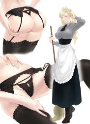 Rule 34 | 1girl, ass, blonde hair, boots, breasts, crotchless, facial mark, garter belt, garter straps, genderswap, genderswap (mtf), highres, knee boots, lace, lace-trimmed legwear, lace trim, large breasts, lingerie, long hair, looking at viewer, maid, melr, multiple views, naruko (naruto), naruto, naruto (series), naruto shippuuden, simple background, smile, thong, twintails, underwear, whisker markings, white background