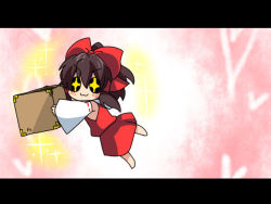 Rule 34 | &gt;:3, + +, 1girl, :3, bad id, bad pixiv id, bow, box, brown hair, chibi, detached sleeves, donation box, eromame, female focus, full body, gradient background, hair bow, hakurei reimu, iosys, japanese clothes, letterboxed, miko, solo, touhou, v-shaped eyebrows