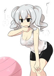 Rule 34 | 1girl, absurdres, ball, bike shorts, blush, breasts, commentary request, exercise ball, goma (gomasamune), hair between eyes, hand on knees, heavy breathing, highres, kantai collection, kashima (kancolle), leaning forward, medium breasts, no, open mouth, see-through, shirt, solo, sweat, twintails, wet, wet clothes, wet shirt