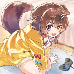Rule 34 | 1girl, animal ears, bed, blush, bone hair ornament, braid, breasts, brown hair, brown tail, cleavage, collar, commentary, controller, dog ears, dog girl, dog tail, dress, fang, full body, game console, game controller, hair between eyes, hair ornament, highres, hololive, indoors, inugami korone, inugami korone (1st costume), jacket, kneeling, looking at viewer, medium breasts, medium hair, motion lines, nail polish, open mouth, red collar, red eyes, rug, sakino shingetsu, sega saturn, side braids, smile, solo, tail, tail wagging, twin braids, virtual youtuber, white dress, wooden floor, yellow jacket, yellow nails