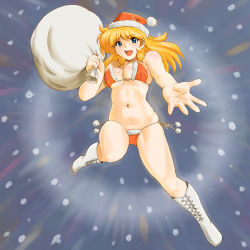 Rule 34 | 1girl, bad anatomy, bad hands, bag, banpresto, bikini, blonde hair, blue eyes, boots, breasts, christmas, cleavage, cross-laced footwear, emphasis lines, foreshortening, hat, lace-up boots, long hair, lune zoldark, medium breasts, navel, outstretched arm, outstretched hand, poorly drawn, reaching, sack, santa costume, santa hat, shiny skin, shu-z, side-tie bikini bottom, skindentation, snow, solo, super robot wars, super robot wars the lord of elemental, swimsuit