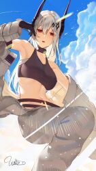 Rule 34 | 1girl, absurdres, arknights, arm up, armpits, bare shoulders, black gloves, black horns, black sports bra, blue sky, cloud, cloudy sky, collarbone, commentary request, formal, gloves, grey hair, grey jumpsuit, grey suit, hair between eyes, highres, horns, infection monitor (arknights), jumpsuit, light rays, looking at viewer, material growth, midriff, mudrock (arknights), mudrock (elite ii) (arknights), navel, open jumpsuit, open mouth, oripathy lesion (arknights), red eyes, riidu 2227, signature, sky, solo, sports bra, stomach, suit