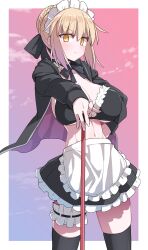 Rule 34 | 1girl, absurdres, akitokage, apron, artoria pendragon (alter swimsuit rider) (fate), artoria pendragon (fate), bikini, black bikini, black jacket, black ribbon, black skirt, black thighhighs, blonde hair, blush, braid, breasts, bridal garter, choker, cleavage, fate/grand order, fate (series), french braid, frilled choker, frills, hair bun, hair ribbon, highres, hood, hooded jacket, jacket, large breasts, long hair, long sleeves, looking at viewer, maid, maid bikini, maid headdress, mop, navel, open clothes, open jacket, ribbon, sidelocks, skirt, solo, swimsuit, thighhighs, thighs, unconventional maid, waist apron, white apron, yellow eyes