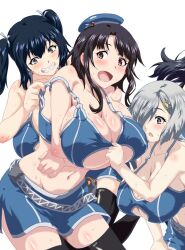 Rule 34 | 4girls, black hair, blue hair, blush, breasts, brown eyes, grey hair, hair ornament, hair over one eye, hairclip, hamakaze (kancolle), hat, kantai collection, katsuragi (kancolle), large breasts, multiple girls, open mouth, sangou (metal-wind), souryuu (kancolle), swimsuit, takao (kancolle), twintails, underboob, yellow eyes