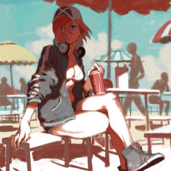 Rule 34 | 1girl, absurdres, arm support, baseball cap, beach, bench, bikini, bikini top only, blue eyes, blue sky, closed mouth, cloud, coca-cola, cup, day, denim, denim shorts, drinking glass, drinking straw, expressionless, faceless, grey footwear, grey jacket, hair between eyes, hat, headphones, headphones around neck, highres, holding, holding cup, holding drinking glass, jacket, long sleeves, looking at viewer, misaq, ocean, outdoors, parasol, people, pink hair, sand, shoes, short hair, short shorts, shorts, sitting, sky, sleeves rolled up, solo focus, swimsuit, table, umbrella, white bikini