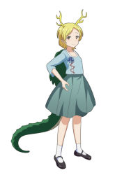 Rule 34 | 1girl, anime coloring, antlers, blonde hair, blush, cato (monocatienus), dragon girl, dragon horns, dragon tail, dragon wings, flat chest, hands on own hips, happy, horns, kicchou yachie, looking at viewer, mary janes, red eyes, shoes, short hair, simple background, skirt, smile, solo, tail, touhou, white background, wings