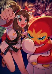 Rule 34 | 1girl, :d, aqua eyes, blurry, brown hair, clenched hand, commentary request, creatures (company), eyelashes, fireworks, game freak, gen 8 pokemon, grapploct, hair ornament, hairband, hairclip, happy, highres, hilda (pokemon), hilda (summer 2022) (pokemon), jacket, leg up, night, nintendo, official alternate costume, open mouth, outdoors, pokemon, pokemon (creature), pokemon masters ex, sandals, sash, shuri (riri shu), sky, smile, toes, white jacket